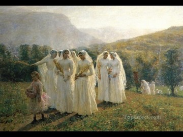  Jules Canvas - Young Women Going to a Procession countryside Realist Jules Breton